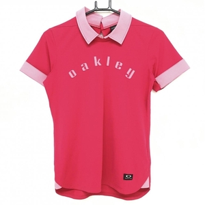【超美品】オークリー 襟付き半袖シャツ ピンク 襟袖口チェック フロントロゴ レディース M ゴルフウェア Oakley