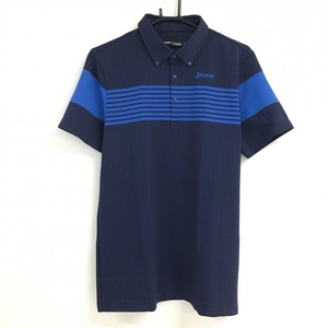 [ super-beauty goods ] Srixon by Descente polo-shirt with short sleeves navy × black stripe snap-button men's L Golf wear SRIXON