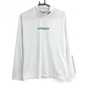【超美品】マンシングウェア 長袖ハイネックシャツ 白×グリーンラメ ロゴプリント レディース LL ゴルフウェア Munsingwear