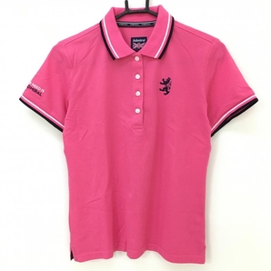 【美品】アドミラル 半袖ポロシャツ ピンク×ネイビー ロゴ刺しゅう 襟、袖ライン レディース L ゴルフウェア Admiralの画像1