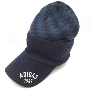 【美品】アディダス ニットキャップ ネイビー×ブルー ロゴ刺しゅう フリー(57-59cm) ゴルフウェア adidas