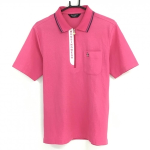  Munsingwear wear polo-shirt with short sleeves pink × white neck reverse side pattern half Zip men's L Golf wear Munsingwear