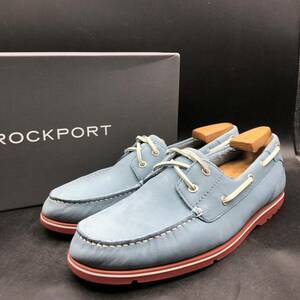 M1955 良品 ROCKPORT ロックポート レザー デッキシューズ スリッポン メンズ US10 W 28.0cm ライトブルー 水色 革靴 シューズ