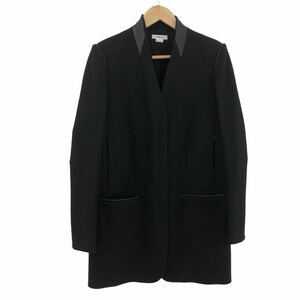 m462 HELMUT LANG ヘルムートラング ノーカラーコート ウール コート 羊革 レザー切り替え デザイン 羽織 アウター ブラック レディース 0