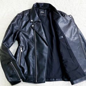 未使用級!!XL相当!!ZARA 【艶々の逸品】ザラ ダブル ライダース ジャケット ブルゾン メンズ レザー ブラック XL 黒 アウター 合成皮革