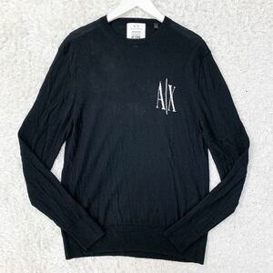 美品!!アルマーニエクスチェンジ【冬のお洒落】ARMANI EXCHANGE ニット セーター ロゴ刺繍 ICON ブラック M〜L相当 メンズ 胸ロゴ 