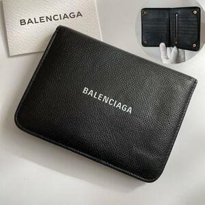 【美品】BALENCIAGA バレンシアガ 二つ折り財布 エブリデイ 札入れ 小銭入れ ゴールド金具 シボ革 レザー 594205 黒 ブラック