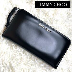 極美品 入手困難 / JIMMY CHOO ジミーチュウ メタルロゴスムースレザーウォレット 長財布 ラウンドジップ ブラック ホワイト