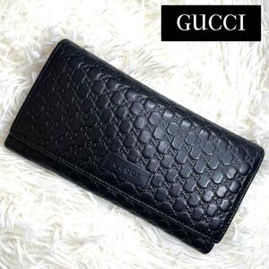 極美品 / GUCCI グッチ マイクロシマコンチネンタルウォレット 長財布 グッチシマ 型押しレザー ブラック ゴールド GG 449396