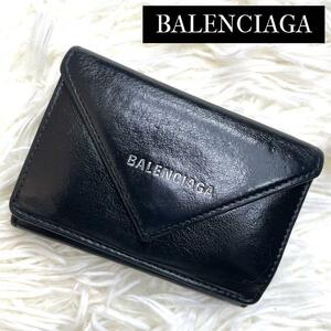 美品 人気品 / BALENCIAGA バレンシアガ ブラックペーパーミニウォレット 三つ折り財布 ミニ財布 ブラック エブリデイ 391446