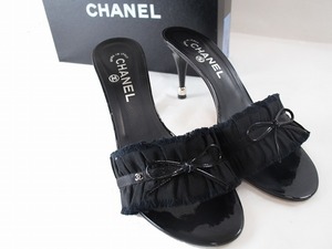 1円　美品　シャネル　CHANEL　★　ミュール　サンダル　39　★　ブラック　パテントレザー　リボン　ココマーク　箱付　2316