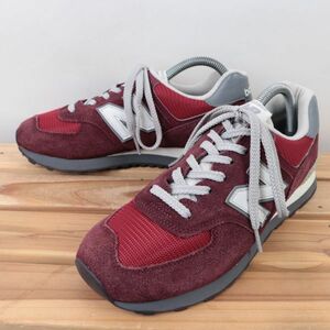 z8798【574】ニューバランス US7.5 25.5cm/バーガンディ 白 ホワイト 灰 グレー系 newbalance メンズ スニーカー 中古