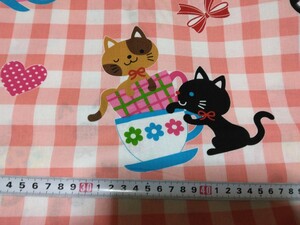 ☆Ｗ巾・1４６×４８センチ☆ネコ・カップ・チェック・オフ白×オレンジピンク☆