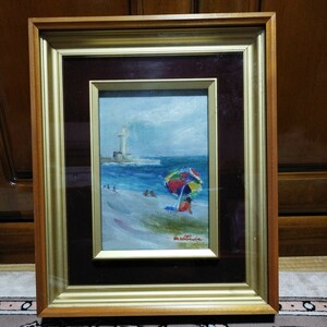 Art hand Auction H149 세부 정보 알 수 없음 서명 M. 와타나베 바다 해변 해변 유화 풍경화 유화 프레임 골동품 그림 컬렉션, 그림, 오일 페인팅, 자연, 풍경화