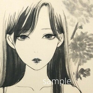 肉筆原画　水墨画　美人画　絵画　手描きイラスト　日本画　菊　和装　ドローイング　墨絵　A4強　@mucica