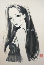 肉筆原画　水墨画　墨絵　絵画　手描きイラスト　ドローイング　美人画　日本画　習作　A4　@mucica_画像2