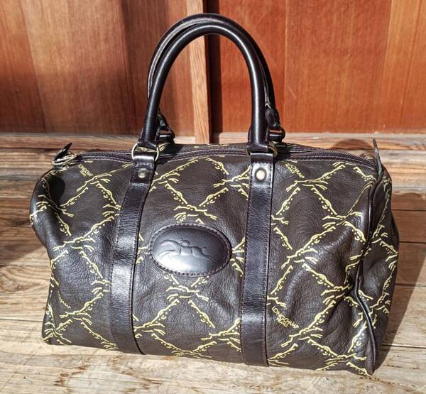 送料無料♪フランス製vintage LONGCHAMP ロンシャン レザーボストンバッグ 33×19×18㎝ 総柄 本革 旅行かばん 美品 古着ビンテージ