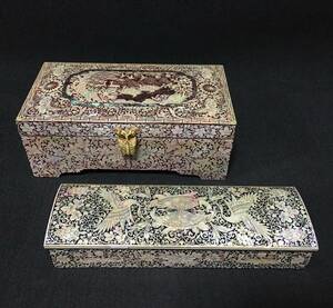 【B289】螺鈿　漆器　工芸品　ジュエリーボックス　アクセサリー　小物入れ　箸ケース　鶴亀　吉祥文　