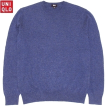 カシミヤ100％！美品 UNIQLO ユニクロ PURE CASHMERE 高級素材 クルーネック ニットセーター ネイビーブルー M メンズ_画像1