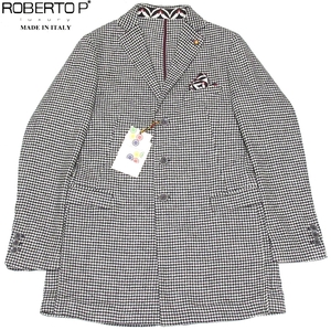 未使用 イタリア製 高級 ROBERTO P luxury ロベルトペペ 千鳥柄 ウール チェスターコート ポケットチーフ付 ブラックｘホワイト 46 メンズ