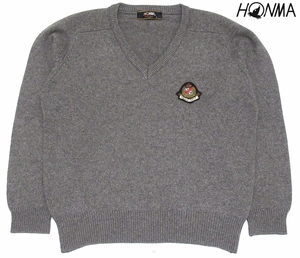 カシミヤ100％ 美品 HONMA GOLF 本間ゴルフ 高級素材 PURE CASHMERE ロゴワッペン Vネック ニットセーター グレー L 日本製 メンズ