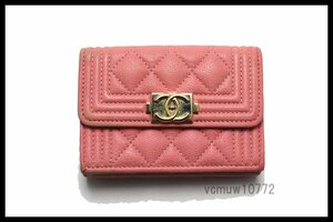 近年モデル希少美中古■CHANEL 30番台 ボーイシャネル キャビアスキン SV金具 レザー 3つ折り財布 シャネル■1130hc1033-4K