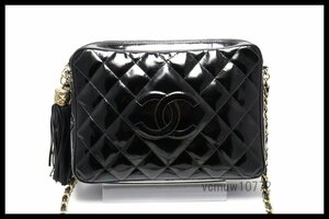 希少美中古■CHANEL 1番台 マトラッセ フリンジ エナメル×レザー チェーンショルダーバッグ シャネル■1214ba24587