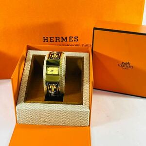 ◇1円 ★ HERMES エルメス ロケ Ｌ01.201 ゴールド文字盤 七宝焼 馬 レディース腕時計 バングルウォッチ クオーツ 箱付 