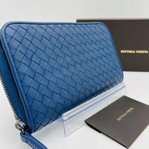 1円《稀少カラー》BOTTEGA VENETA ボッテガヴェネタ 長財布 オーガナイザー イントレチャート ラウンドファスナー レザー 青 ブルー メンズ