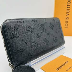 1円《極美品》LOUIS VUITTON ルイヴィトン モノグラム マヒナ ジッピーウォレット 長財布 ノワール M61867 レザー 黒 ブラック メンズ