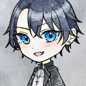 手描きイラスト オリジナル ATCサイズ 原画 創作 デフォルメ ミニキャラ ゴシック 青 黒 男の子 少年