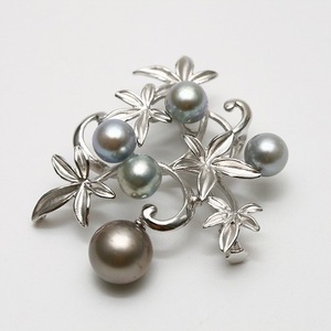  Akoya / Tahiti Black Butterfly pearl pearl brooch 7.0-7.5mm/10mm gray color silver made 