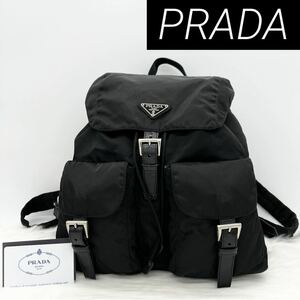 【極美品】 PRADA プラダ 巾着 バックパック リュックサック ナイロン レザー 三角ロゴ ユニセックス A4収納可能 大容量 ブラック 黒