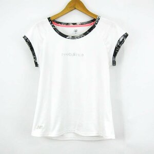  New balance short sleeves T-shirt Logo T mesh lame sportswear lady's L size white × gray NEW BALANCE