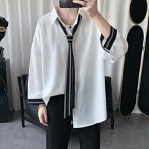 ネクタイ付き カジュアルシャツ 長袖 シャツ ビッグシルエット メンズ レディース 韓国 ファッション ストリート ホワイト 白 2XL C_画像2