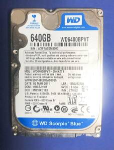  WesternDigital WDC WD6400BPVT HDD 2.5インチ SATA HDD640GB 動作品 5400RPM 厚9.5 MM