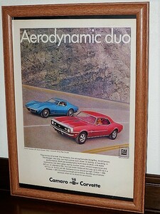1968年 U.S.A. '60s 洋書雑誌広告 額装品 GM Chevrolet Camaro + Corvette Sting Ray シボレー カマロ コルベット ( A4サイズ )