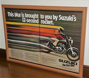 1977年 USA '70s vintage 洋書雑誌広告 額装品 Suzuki GS750 スズキ / ガレージ 看板 店舗 装飾 ( Asize・雑誌見開きサイズ )