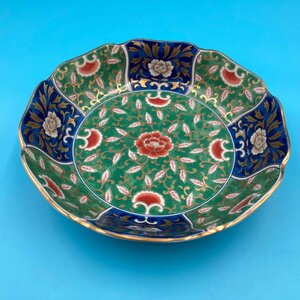 【A8805O175】庫山窯 大皿 陶器 伝統工芸品 緑X青 花柄 レトロ 盛鉢 大鉢 和食器 直径約25㎝