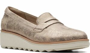 Clarks 26cm Loafer Wedge Pewter soft metallic suede leather leather Flat slip-on shoes pumps sneakers ballet 969