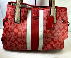 COACH　 コーチ　F22908　 PVCレザー　 ヘリテージストライプ 　ハンドバッグ　 トートバッグ　 総柄シグネチャー　レッド