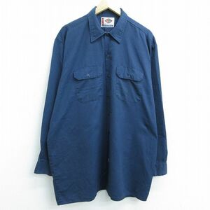 XL/古着 ディッキーズ Dickies 長袖 ワーク シャツ メンズ 大きいサイズ ロング丈 紺 ネイビー 21oct27 中古 トップス 7OF