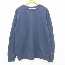 XL/古着 チャンピオン champion 長袖 スウェット メンズ ワンポイントロゴ 大きいサイズ クルーネック 紺 ネイビー 霜降り 22aug19 中 7OF_画像1