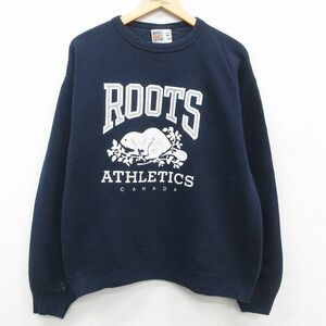 XL/古着 長袖 スウェット メンズ 00s ROOTS クルーネック 紺 ネイビー 23sep21 中古 スエット トレーナー トップス 3OF