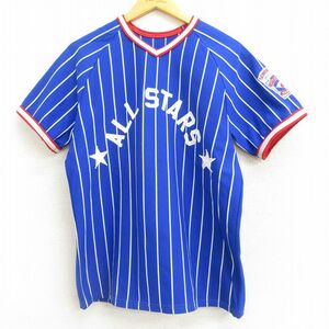 L/古着 半袖 ビンテージ Tシャツ メンズ 80s オールスター リトルリーグ ラグラン Vネック 紺他 ネイビー ストライプ 22aug19 中古 7OF