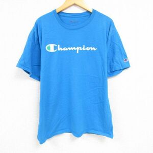 L/古着 チャンピオン Champion 半袖 ブランド Tシャツ メンズ ビッグロゴ コットン クルーネック 水色 22jul12 中古 7OF