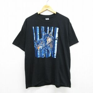 L/古着 半袖 ビンテージ Tシャツ メンズ 00s オオカミ クルーネック 黒 ブラック 22jul05 中古 7OF