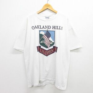 XL/古着 半袖 ビンテージ Tシャツ メンズ 90s 全米オープンゴルフ オークランドヒルズ 星条旗 大きいサイズ コットン クルーネック 白 7OF