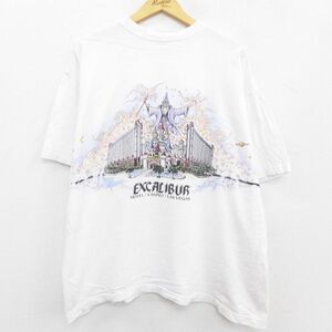 XL/古着 半袖 ビンテージ Tシャツ メンズ 90s 魔法使い EXCALIBUR ホテルカジノ 大きいサイズ コットン クルーネック 白 ホワイト spe 7OF