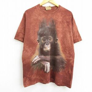 XL/古着 半袖 ビンテージ Tシャツ メンズ 90s チンパンジー コットン クルーネック 茶 ブラウン タイダイ 22aug18 中古 7OF